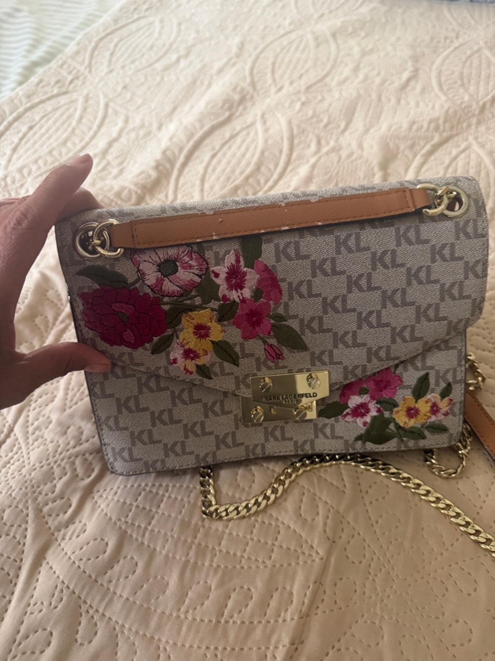 Karl Lagerfeld Gray Logo Floral Embroidered Crossbody Bag with Gold Hardware - Picture 2 of 9